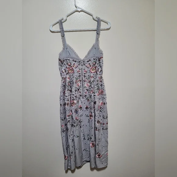 Needle & Thread Gray Midi Dress with Pink Floral Embroidery Size 2 Women